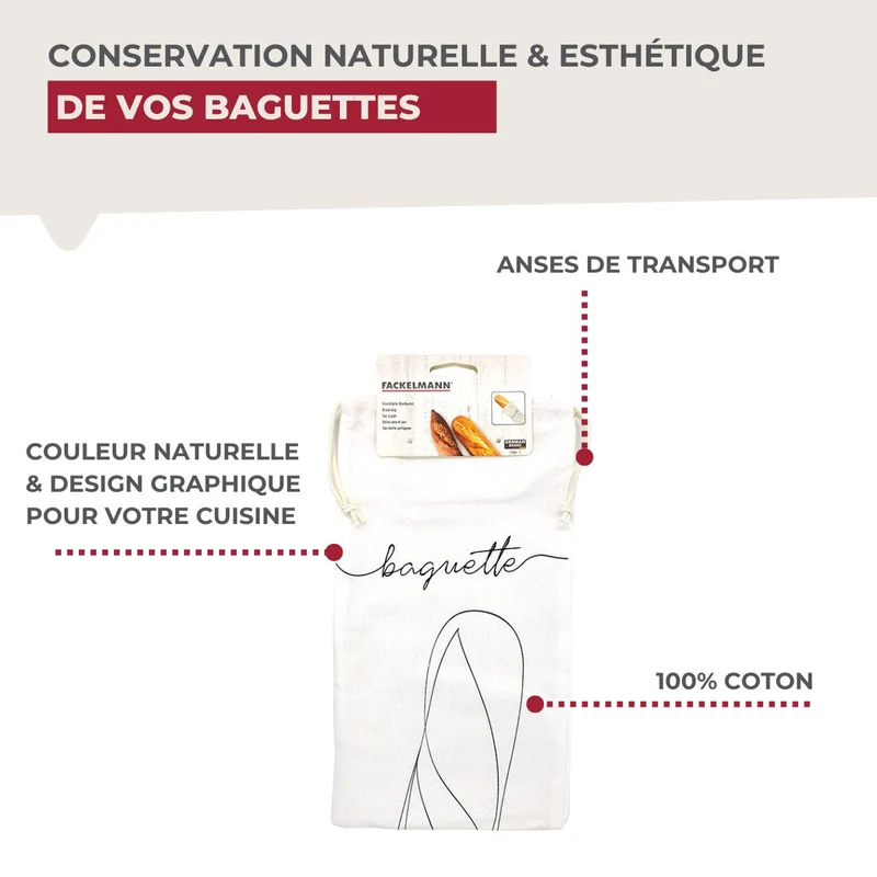 Sac de conservation pour baguette de pain en coton Fackelmann Nature