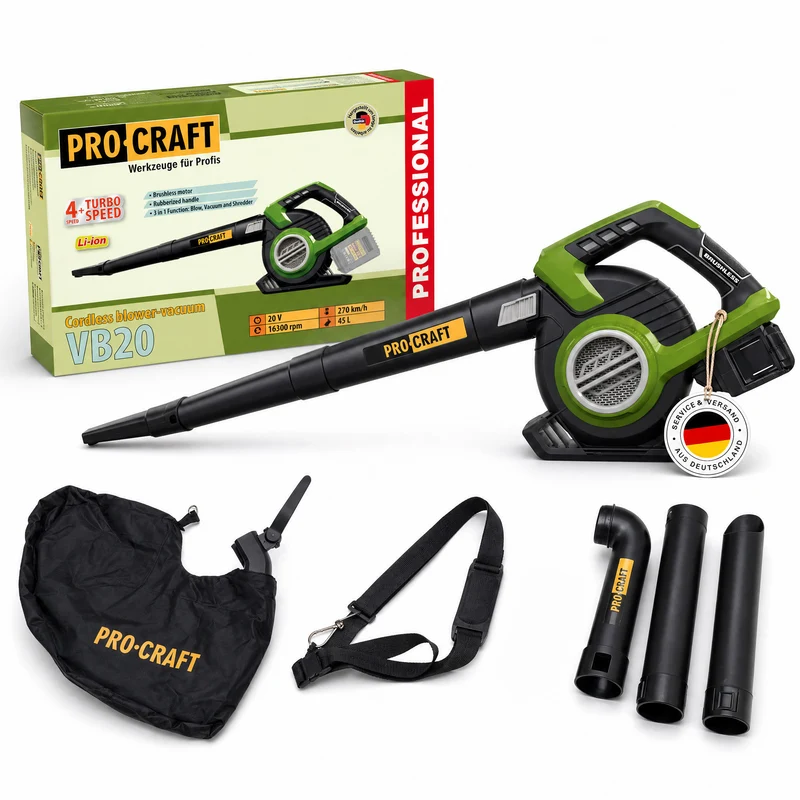 Procraft VB20 Souffleur et aspirateur de feuilles à batterie 40 V ( 2x 20 V ) Brushless Solo - sans batterie, sans chargeur