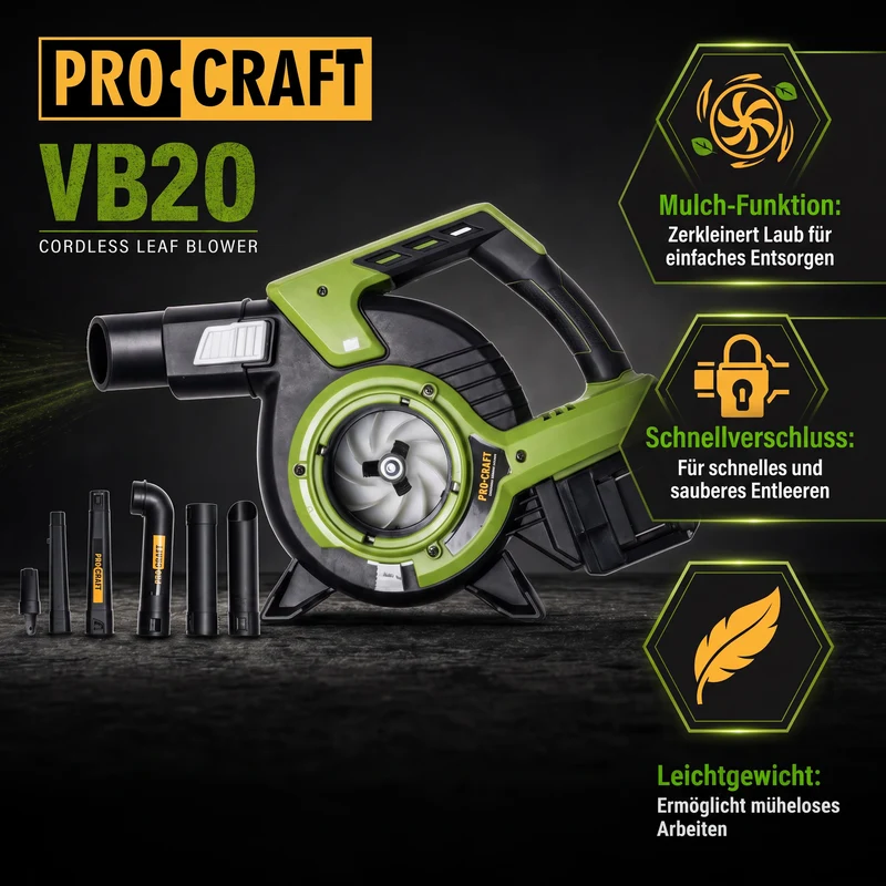 Procraft VB20 Souffleur et aspirateur de feuilles à batterie 40 V ( 2x 20 V ) Brushless Solo - sans batterie, sans chargeur