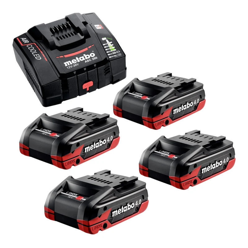 Metabo Set de base 4x bloc batterie LiHDX 18 V 4,0 Ah ( 4x 624974000 ) + chargeur ASC 290 ( 627370000 )