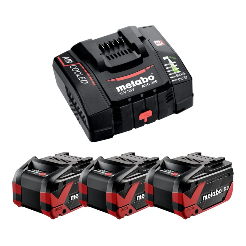 Metabo Set de base 3x bloc batterie LiHDX 18 V 8,0 Ah ( 3x 624975000 ) + chargeur ASC 290 ( 627370000 )