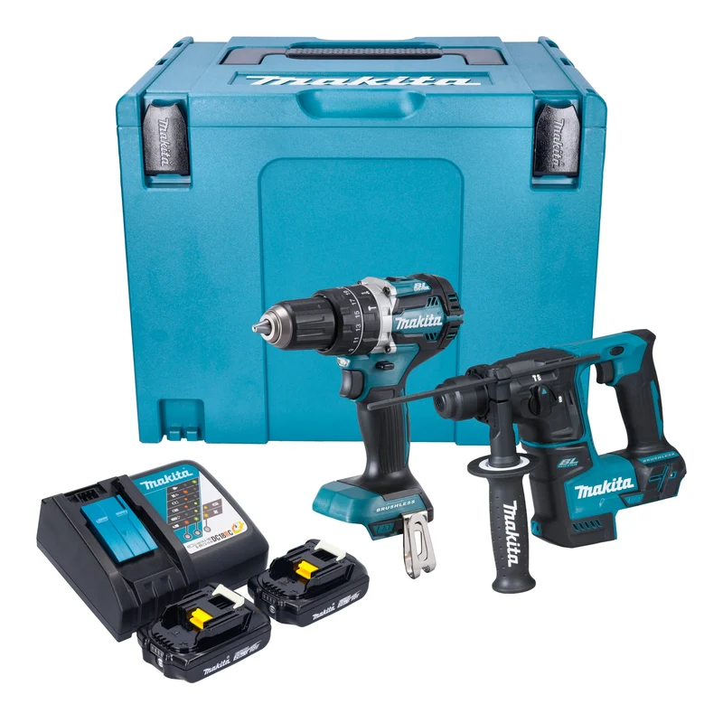 Makita DLX 2278 RAJ Kit combiné batterie + perceuse-visseuse à percussion 54 Nm DHP 484 + marteau perforateur 1,2 J DHR 171 + 2x batterie 2,0 Ah + chargeur + Makpac