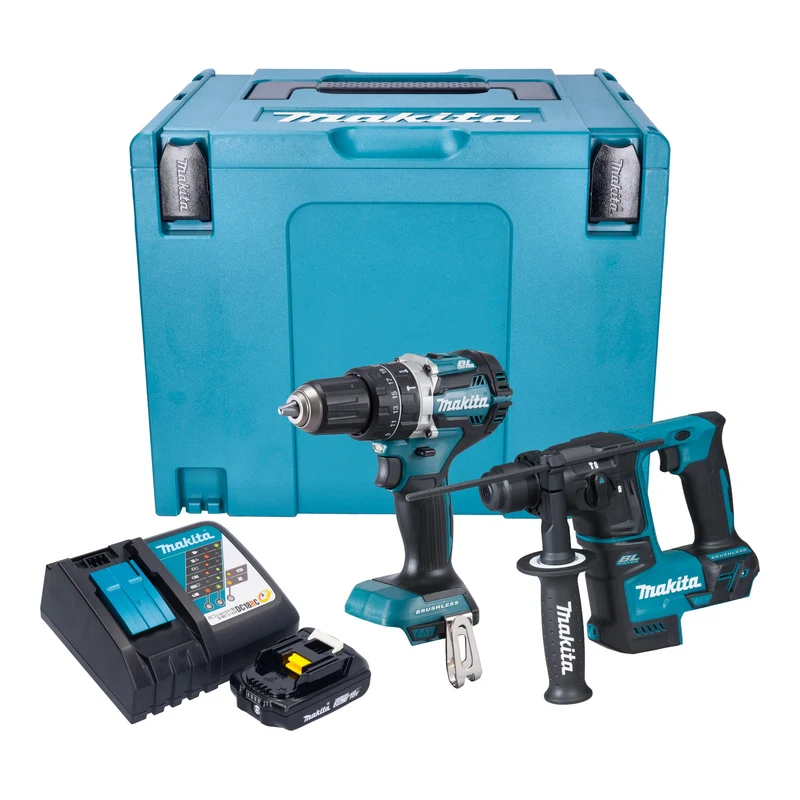 Makita DLX 2278 RA1J Kit combiné batterie + perceuse-visseuse à percussion 54 Nm DHP 484 + marteau perforateur 1,2 J DHR 171 + 1x batterie 2,0 Ah + chargeur + Makpac