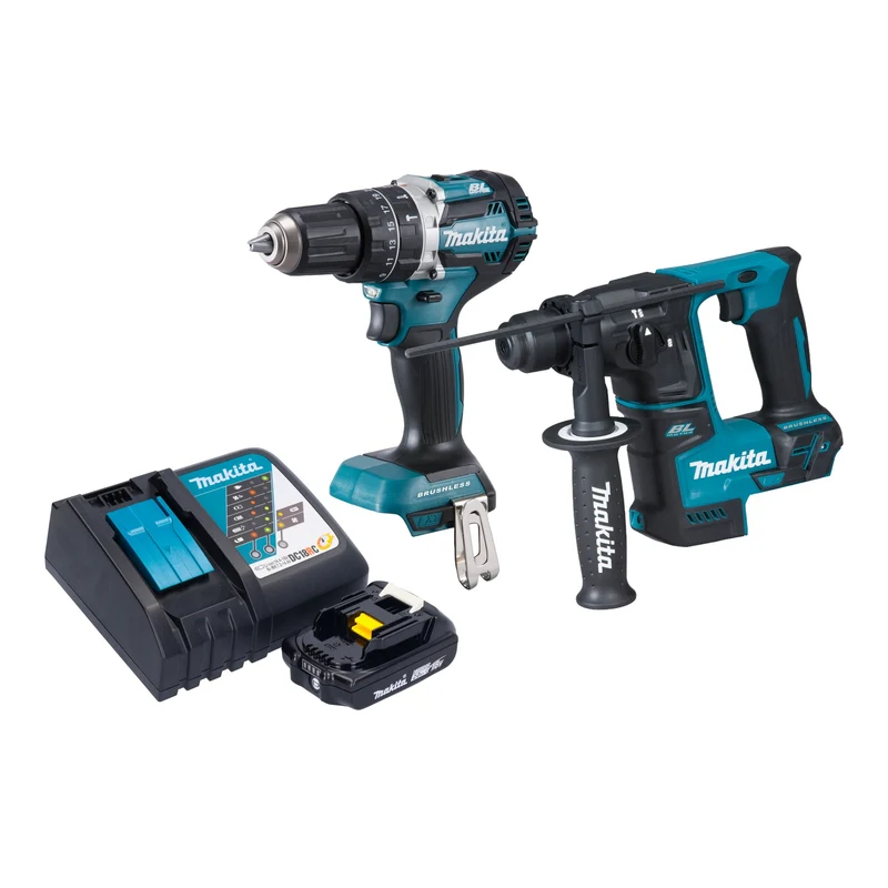 Makita DLX 2278 RA1 Kit combiné batterie + Perceuse-visseuse à percussion 54 Nm DHP 484 + Marteau perforateur 1,2 J DHR 171 + 1x batterie 2,0 Ah + chargeur