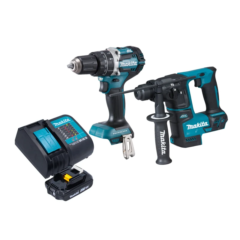Makita DLX 2278 SA1 Kit combiné batterie + Perceuse-visseuse à percussion 54 Nm DHP 484 + Marteau perforateur 1,2 J DHR 171 + 1x Batterie 2,0 Ah + chargeur