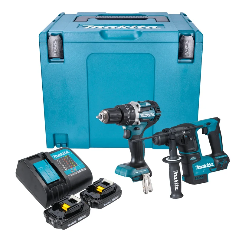 Makita DLX 2278 SAJ Kit combiné batterie + perceuse-visseuse à percussion 54 Nm DHP 484 + marteau perforateur 1,2 J DHR 171 + 2x batterie 2,0 Ah + chargeur + Makpac