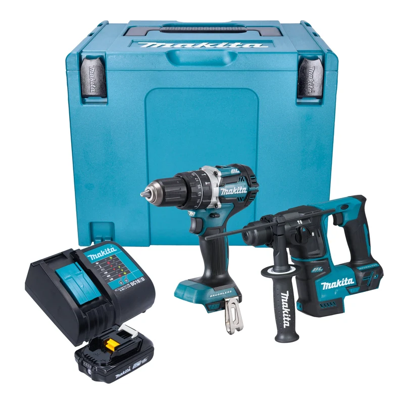 Makita DLX 2278 SA1J Kit combiné batterie + Perceuse-visseuse à percussion 54 Nm DHP 484 + Marteau perforateur 1,2 J DHR 171 + 1x batterie 2,0 Ah + chargeur + Makpac