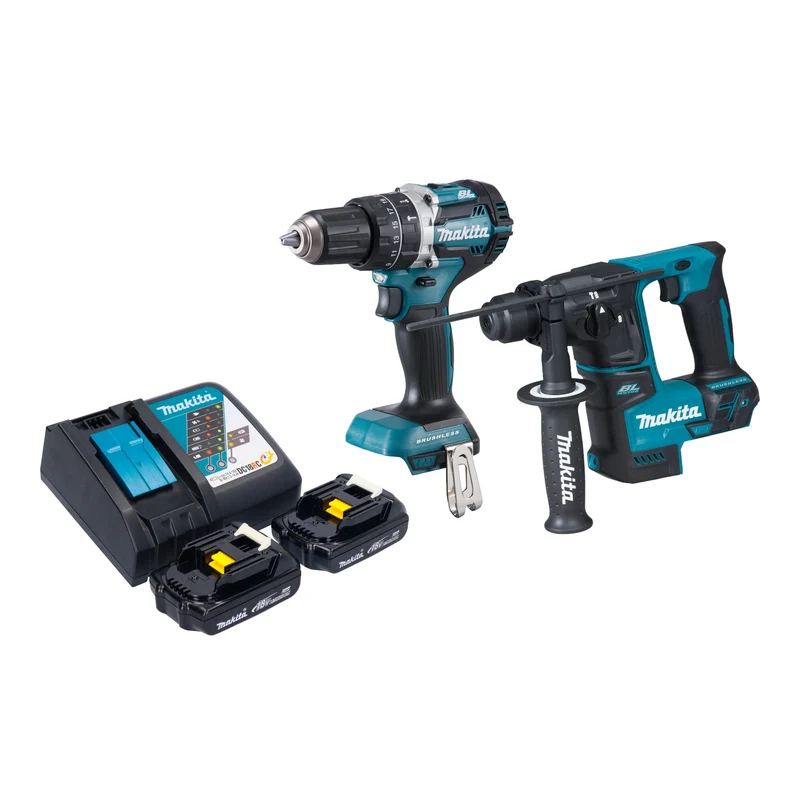 Makita DLX 2278 RY Kit combiné batterie + perceuse-visseuse à percussion DHP 484 54 Nm + marteau perforateur DHR 171 1,2 J + 2x batterie 1,5 Ah + chargeur