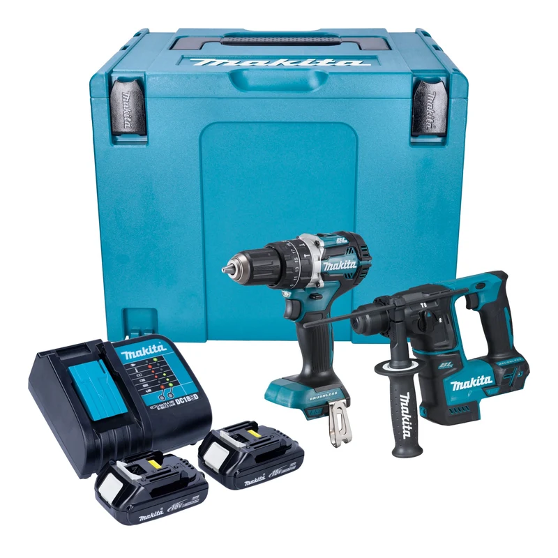 Makita DLX 2278 SYJ Kit combiné batterie + Perceuse-visseuse à percussion 54 Nm DHP 484 + Marteau perforateur 1,2 J DHR 171 + 2x batterie 1,5 Ah + chargeur + Makpac
