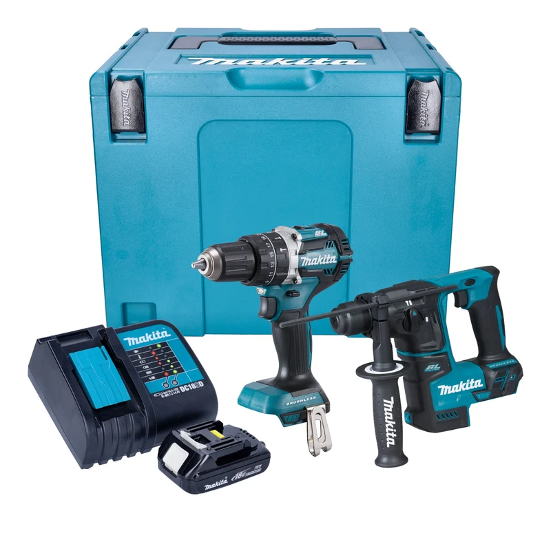 Makita DLX 2278 SY1J Kit combiné batterie + Perceuse-visseuse à percussion 54 Nm DHP 484 + Marteau perforateur 1,2 J DHR 171 + 1x batterie 1,5 Ah + chargeur + Makpac