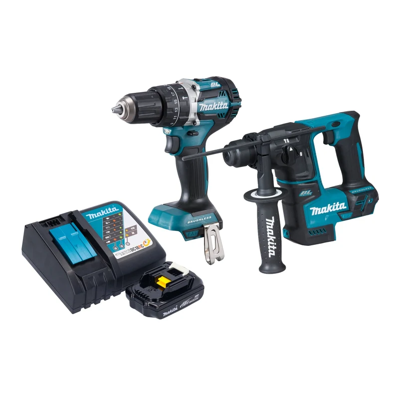 Makita DLX 2278 RY1 Kit combiné batterie + Perceuse-visseuse à percussion DHP 484 54 Nm + Marteau perforateur DHR 171 1,2 J + 1x batterie 1,5 Ah + chargeur