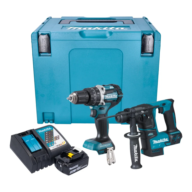 Makita DLX 2278 RT1J Kit combiné batterie + Perceuse-visseuse à percussion 54 Nm DHP 484 + Marteau perforateur 1,2 J DHR 171 + 1x batterie 5,0 Ah + chargeur + Makpac