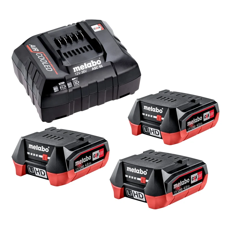 Metabo Set de base 3x bloc batterie LiHD 12 V 4,0 Ah ( 3x 625349000 ) + chargeur ASC 55 ( 627044000 )