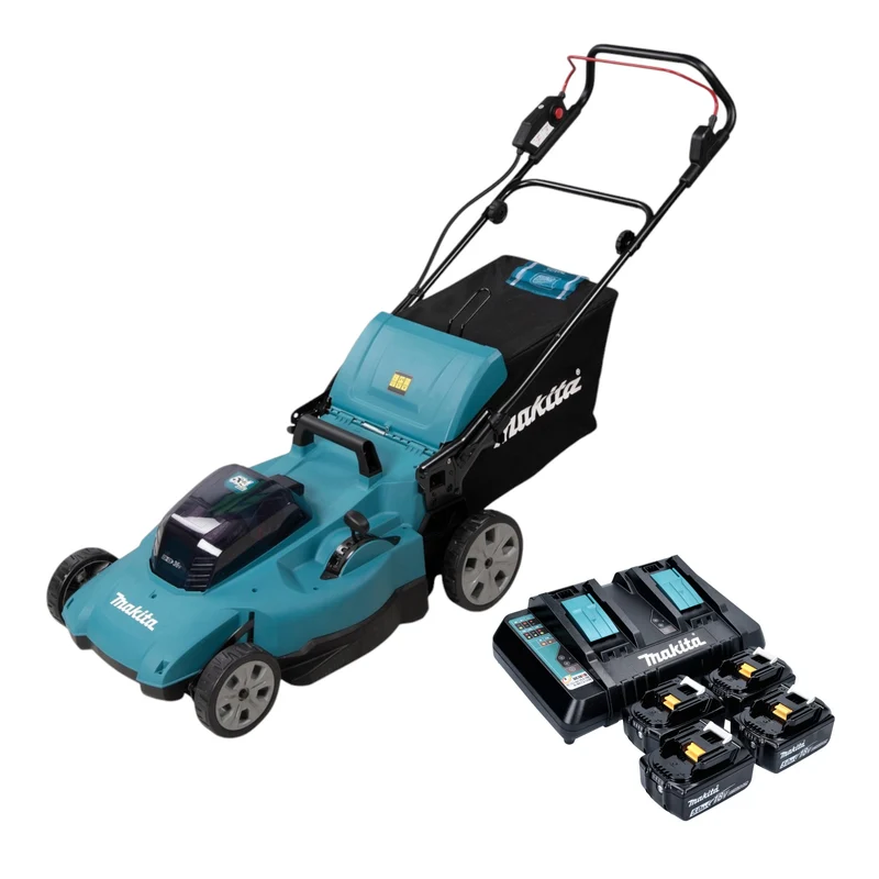 Makita DLM 538 PT4 Tondeuse à gazon sans fil 36 V ( 2x 18 V ) 530 mm + 4x batterie 5,0 Ah + chargeur