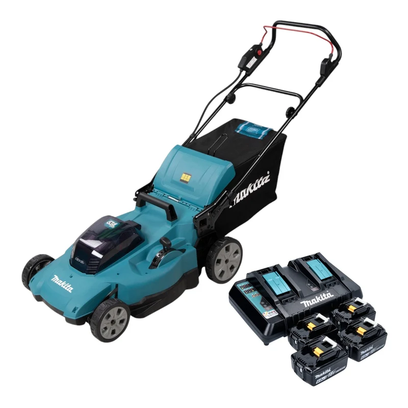 Makita DLM 538 PG4 Tondeuse à gazon sans fil 36 V ( 2x 18 V ) 530 mm + 4x batterie 6,0 Ah + chargeur