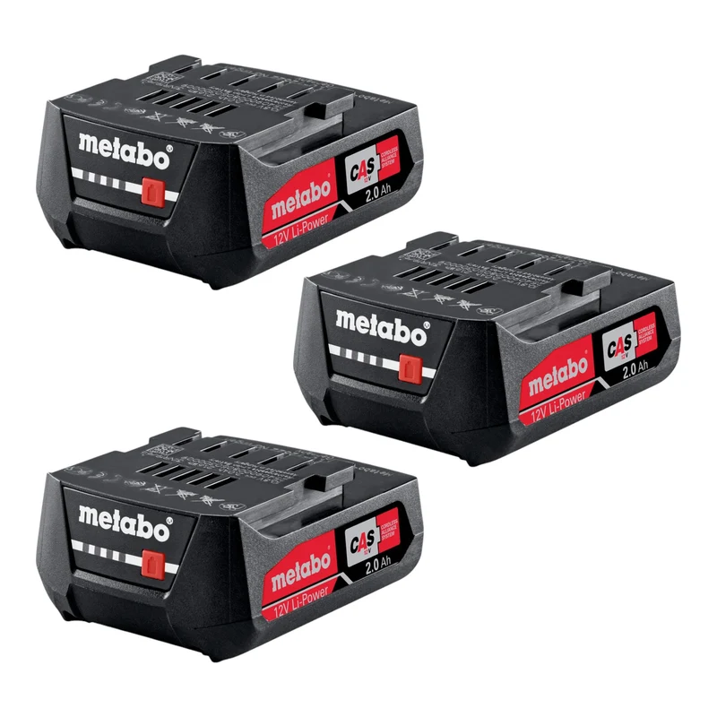 Metabo Jeu d'accumulateurs 3x bloc d'accumulateurs Li-Power 12 V 2,0 Ah / 2000 mAh Li-Ion avec affichage de l'état de charge ( 3x 625406000 )