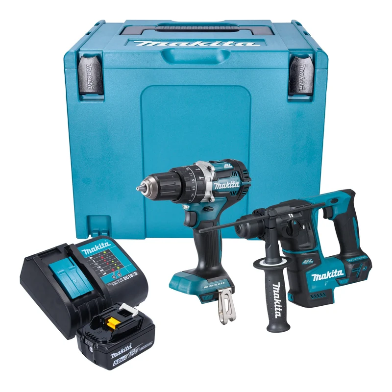 Makita DLX 2278 ST1J Kit combiné batterie + Perceuse-visseuse à percussion 54 Nm DHP 484 + Marteau perforateur 1,2 J DHR 171 + 1x batterie 5,0 Ah + chargeur + Makpac