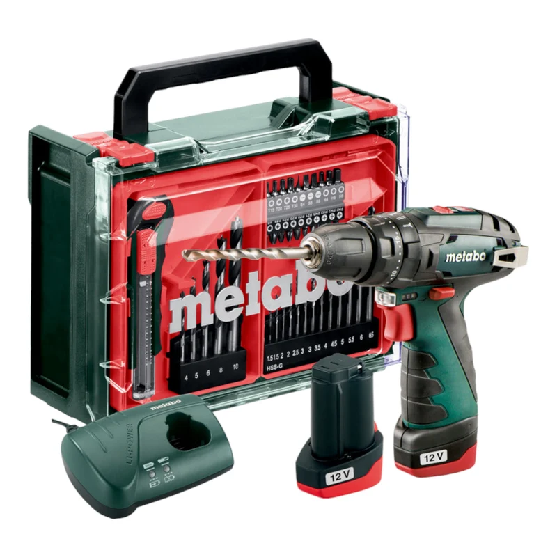 Metabo PowerMaxx SB Basic Set Perceuse-visseuse à percussion sans fil 12 V 34 Nm ( 600385710 ) + 2x batterie 2,0 Ah + chargeur + 41 pces. d'accessoires + coffret