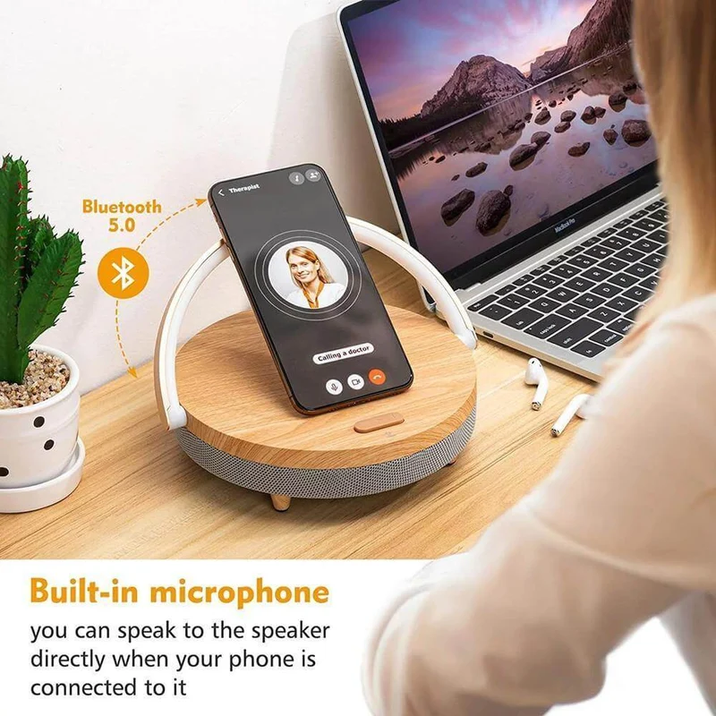 Wooden Base Wireless Charger Speaker Table Lamp
