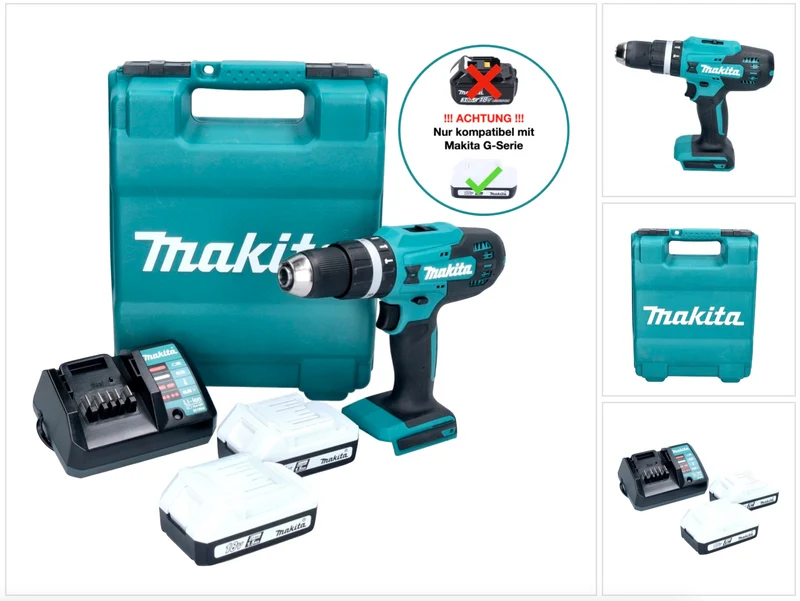 Makita HP488DWE Perceuse-visseuse à percussion sans fil 42Nm 18V série G + 2x Batteries 1,5 Ah + Chargeur + Coffret