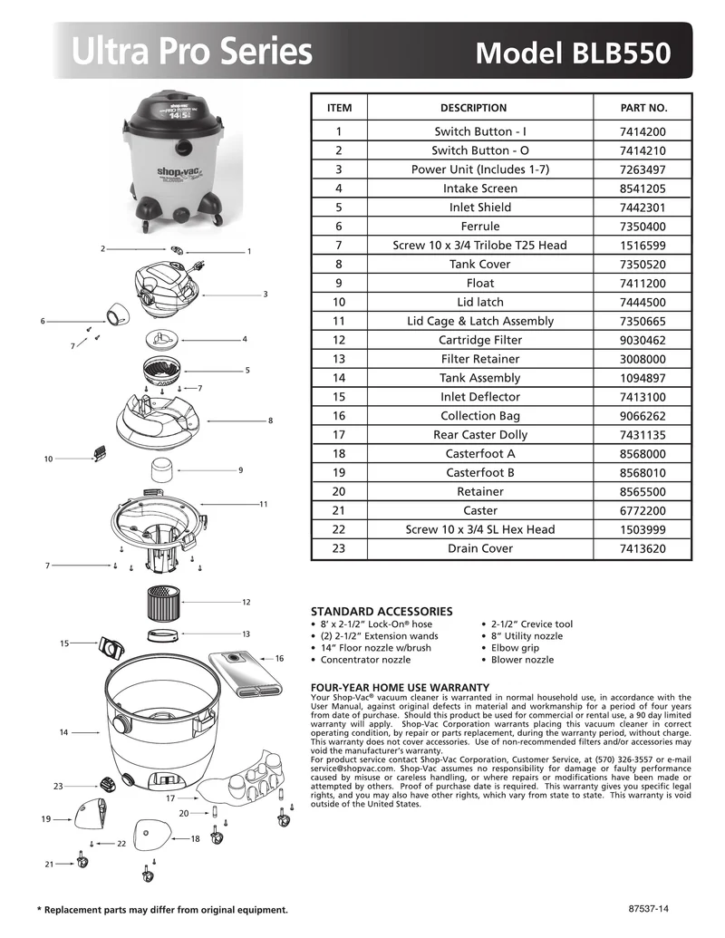 Shop-Vac Parts List for BLB550 Models (14 Gallon* Yellow / Black Blower Vac)