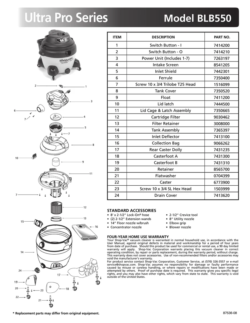 Shop-Vac Parts List for BLB550 Models (14 Gallon* Yellow / Black Blower Vac w/ Tank containing a Black Tank Top and Rear Caster Dolly)