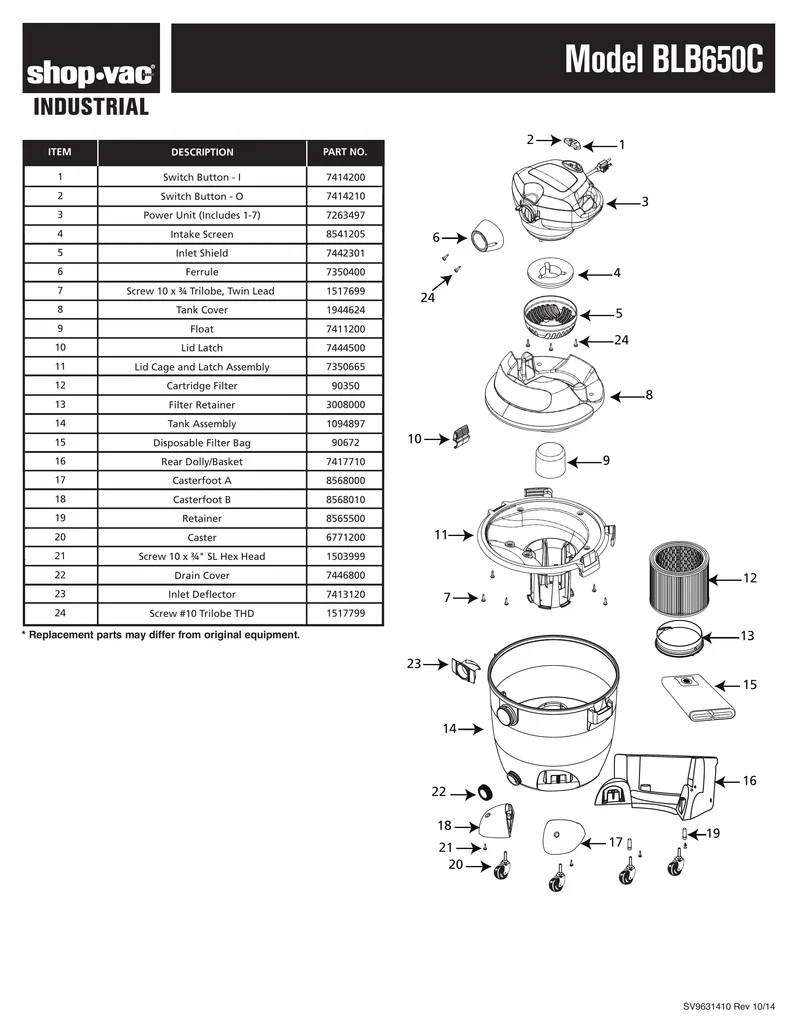 Shop-Vac Parts List for BLB650C Models (12 Gallon* Yellow / Black Industrial Blower Vac w/ Basket)