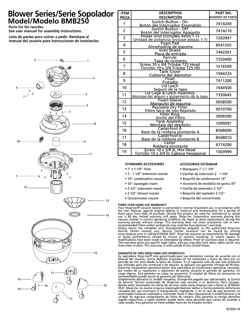 Shop-Vac Parts List for BMB250 Models (6 Gallon* Green / Black Blower Vac)