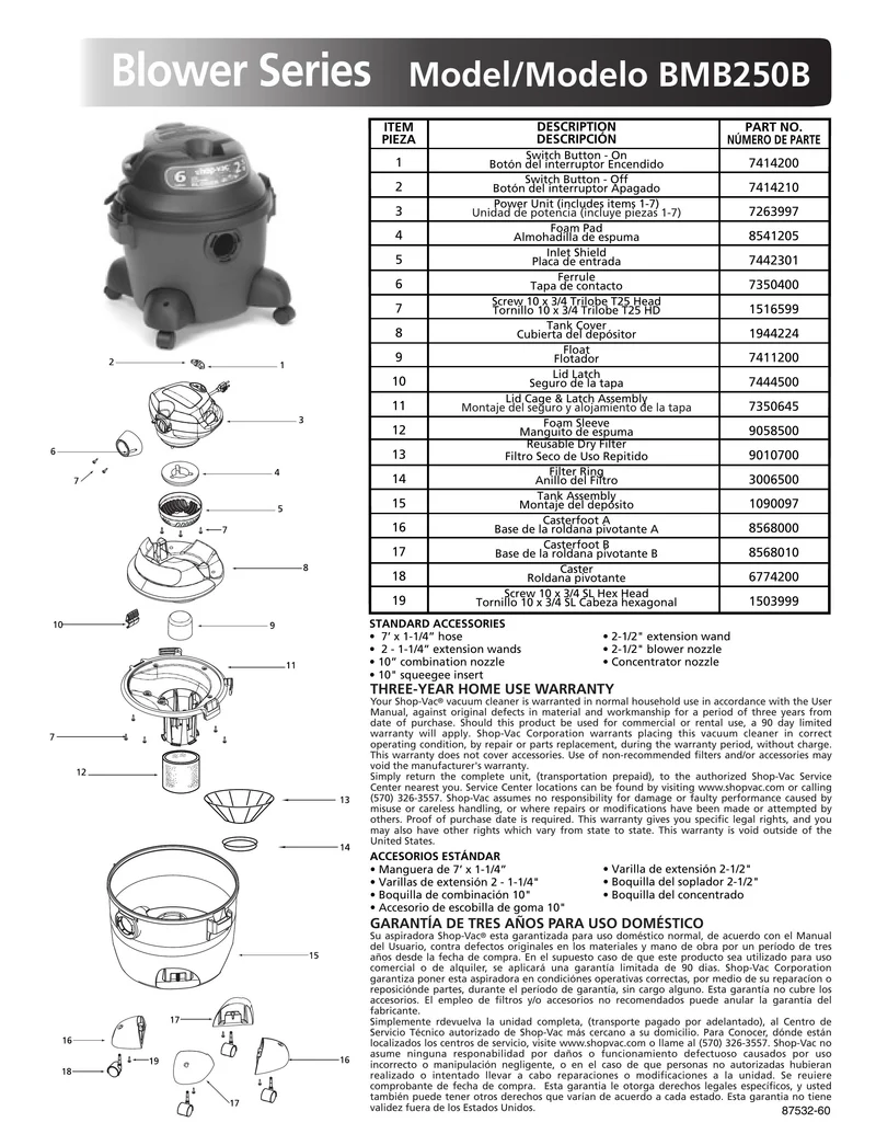 Shop-Vac Parts List for BMB250B Models (6 Gallon* Green / Black Blower Vac w/ Push in Feet)