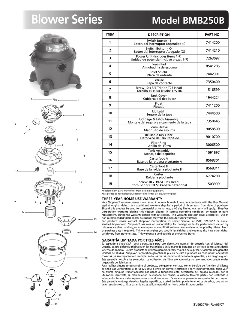 Shop-Vac Parts List for BMB250B Models (6 Gallon* Green / Black Blower Vac w/ Slide on Feet)