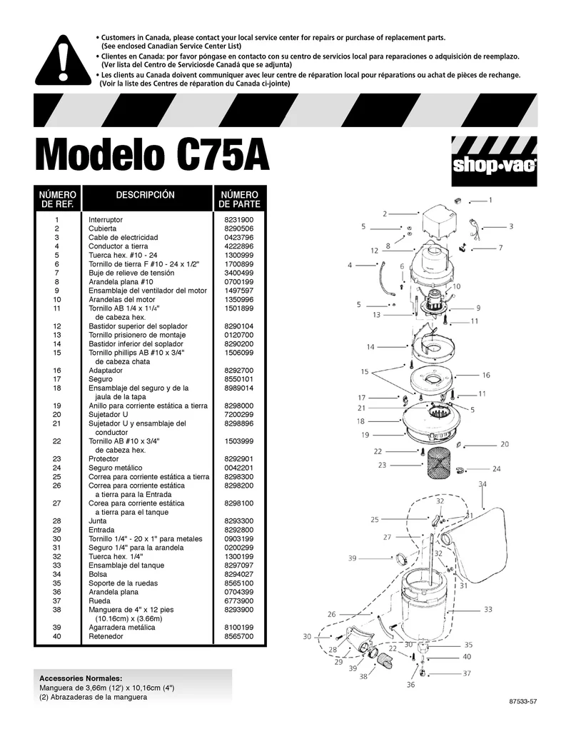 Shop-Vac Parts List for C75A Models (25 Gallon* ToolMate)