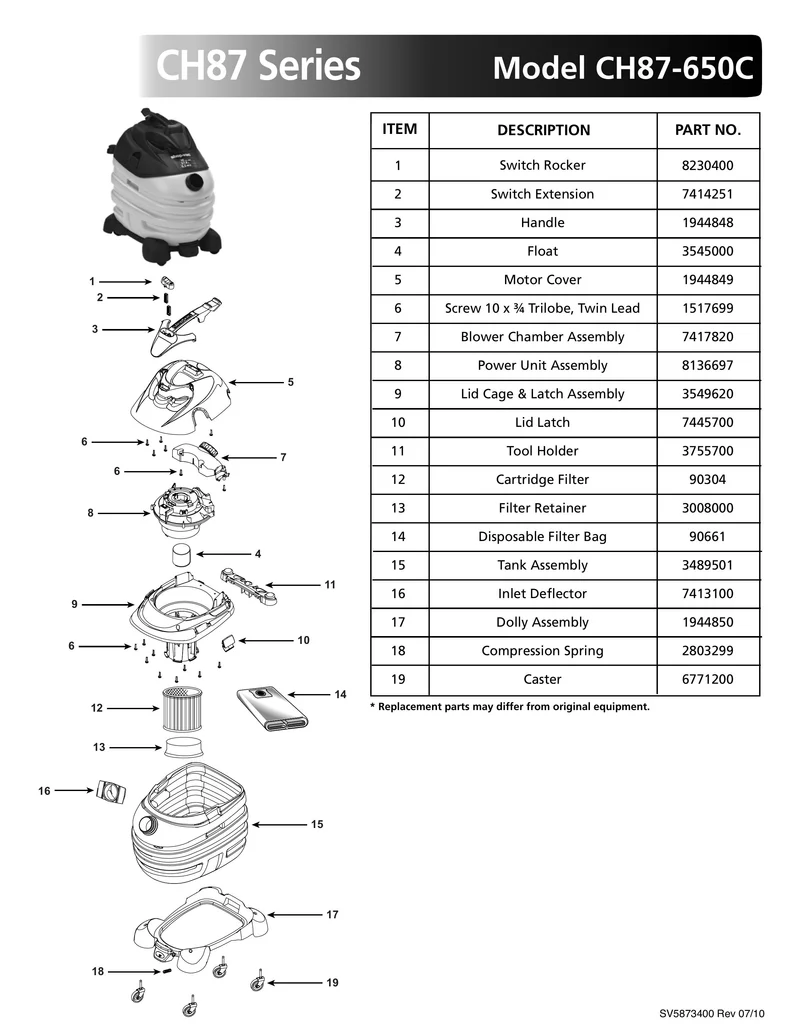 Shop-Vac Parts List for CH87-650C Models (10 Gallon* Yellow / Black Vac w/ Removable Dolly)