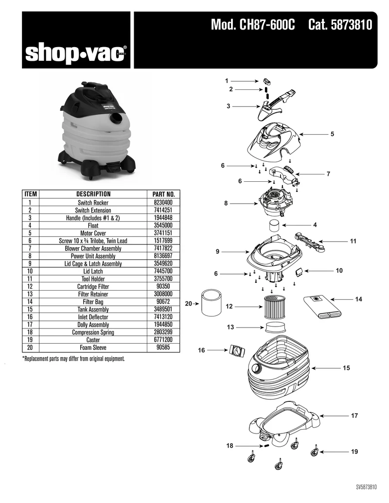 Shop-Vac Parts List for CH87-600C Models (Shop-Vac 10 Gallon* 6.0 Peak HP** Contractor Portable Wet/Dry Vac)
