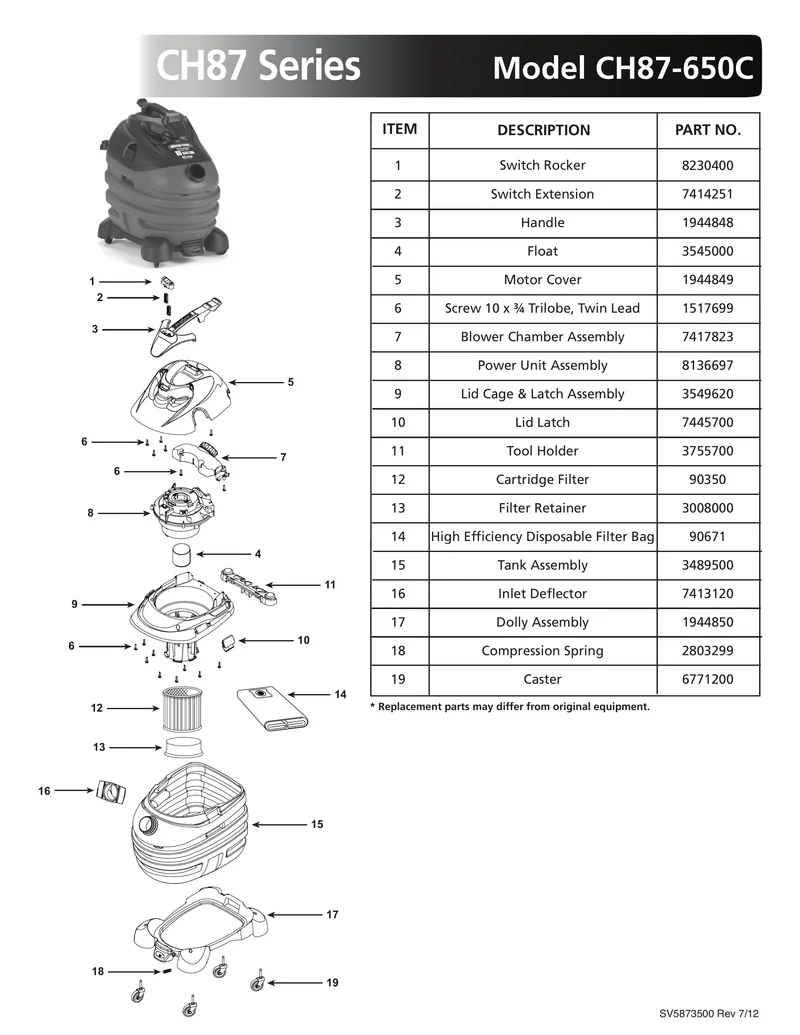 Shop-Vac Parts List for CH87-650C Models (10 Gallon* Red / Black Vac w/ Removable Dolly)