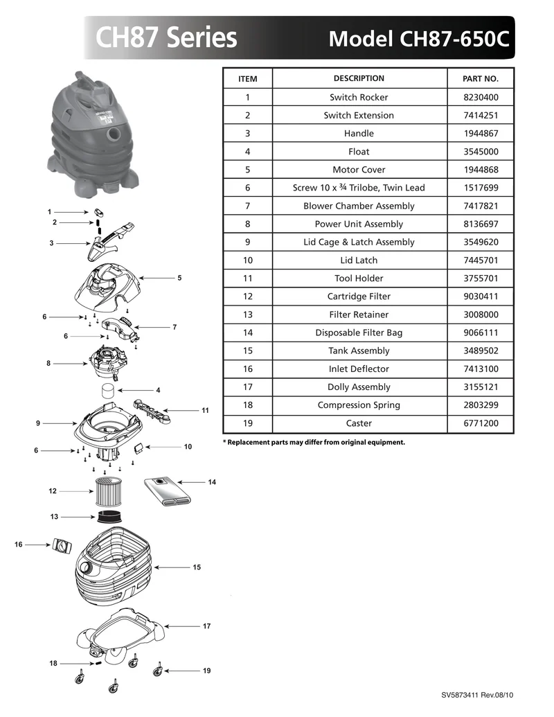 Shop-Vac Parts List for CH87-650C Models (10 Gallon* Blue / Gray Vac w/ Removable Dolly)