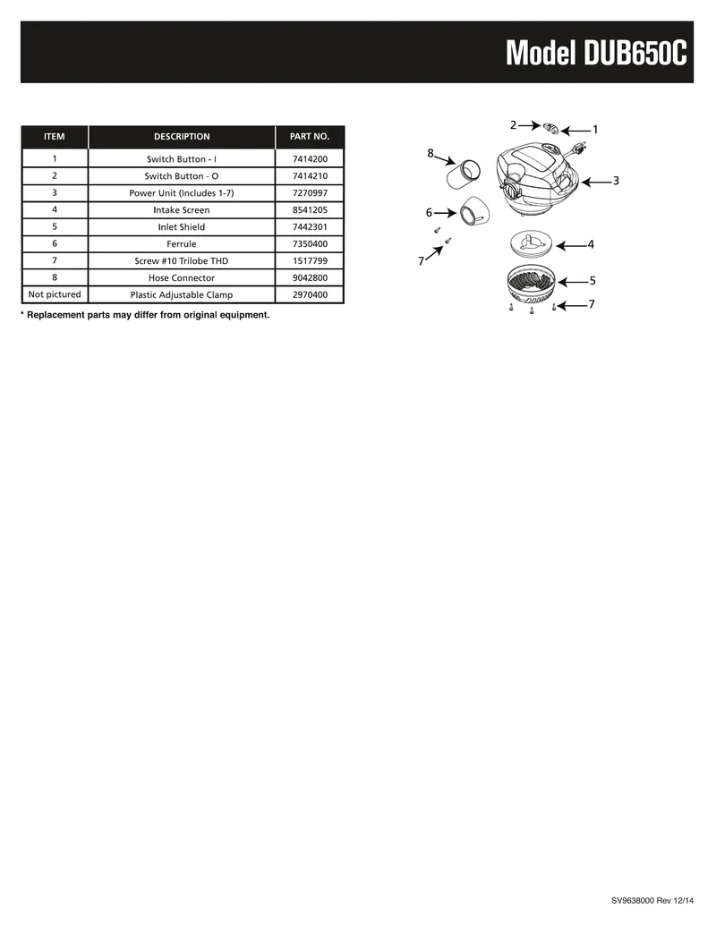 Shop-Vac Parts List for DUB650C Models (Auto Dryer)
