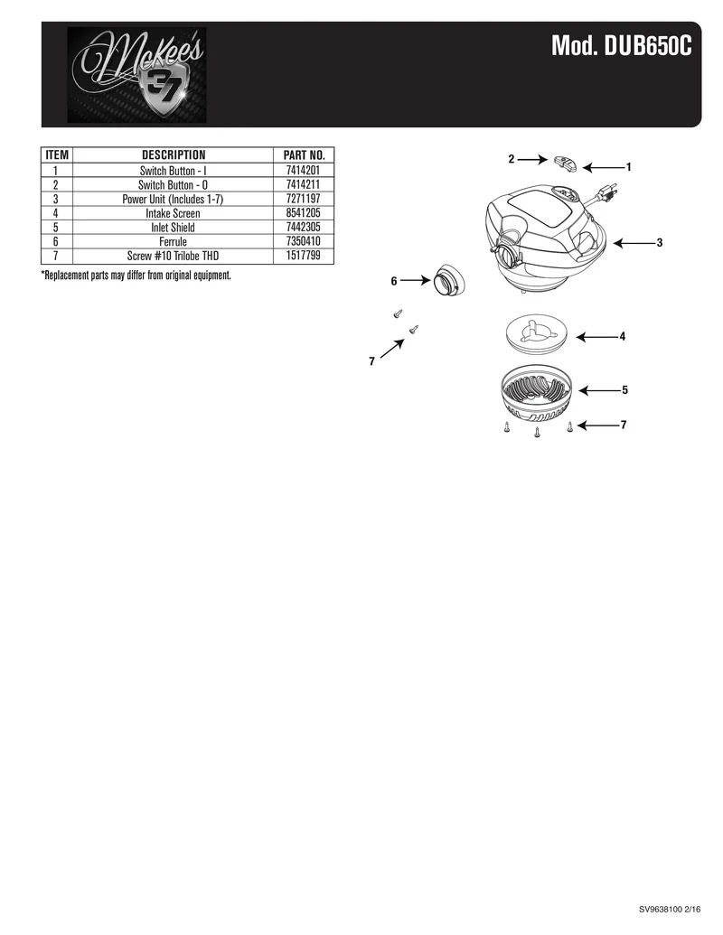 Shop-Vac Parts List for DUB650C Models (Auto Dryer w/ Locking Ferrule)