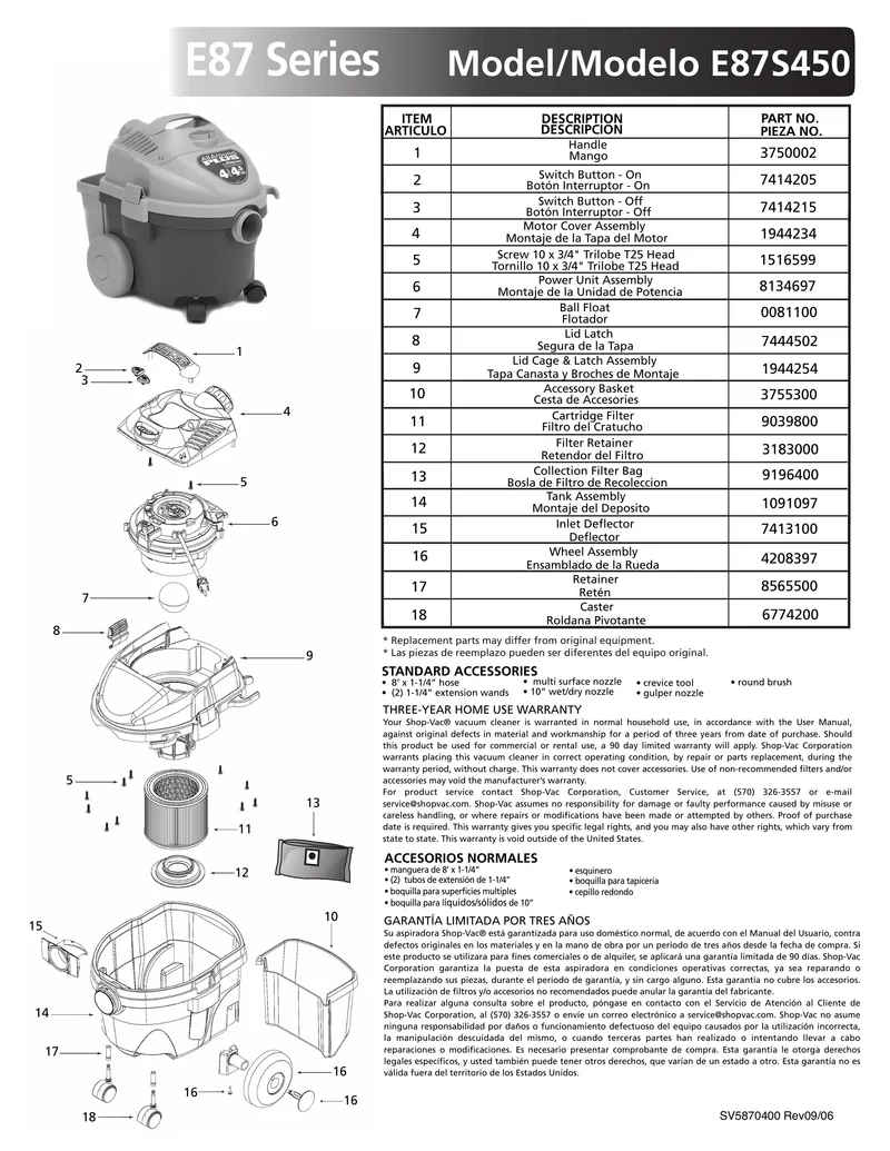 Shop-Vac Parts List for E87S450 Models (4 Gallon* Green / Gray AllAround Plus® Vac)