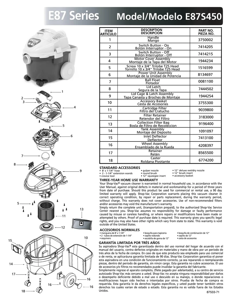 Shop-Vac Parts List for E87S450 Models (4 Gallon* Black / Gray AllAround Plus® Vac)