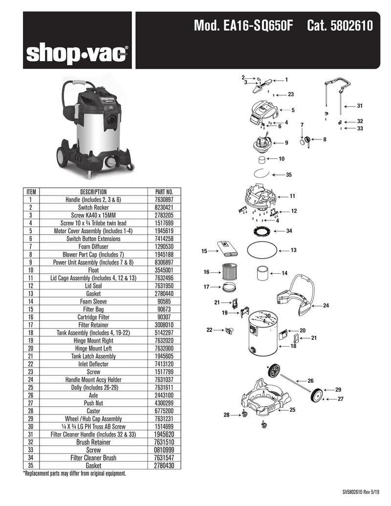 Shop-Vac Parts List for EA16-SQ650 Models (Shop-Vac Eagle Eye 16 Gallon* 6.5 Peak HP** Stainless Steel Wet/Dry Vac)