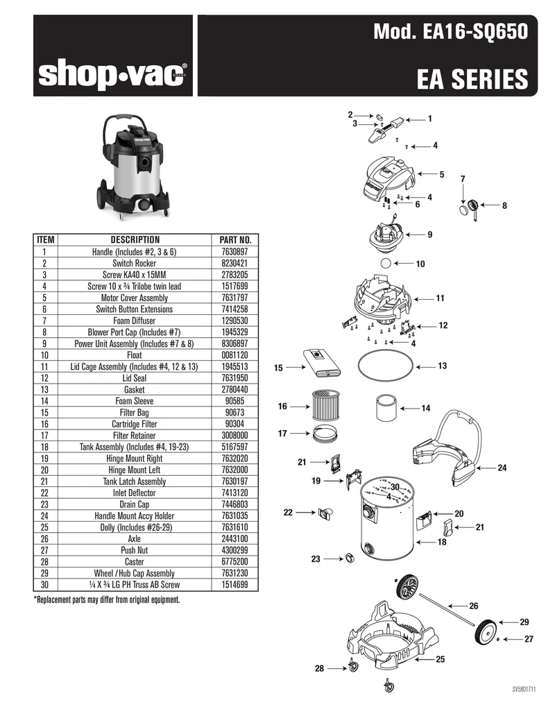 Shop-Vac Parts List for EA16-SQ650 Models (Shop-Vac 16 Gallon* 6.5 Peak HP** Stainless Steel Wet/Dry Vacuum with SVX2 Motor Technology)