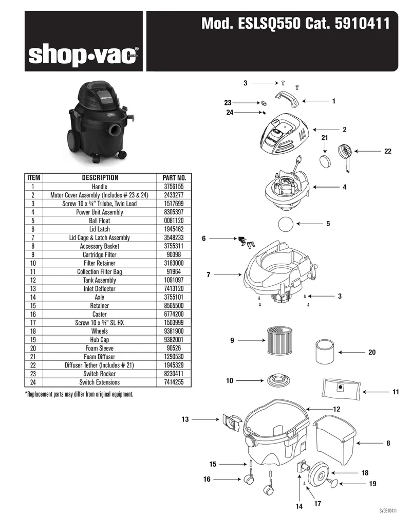 Shop-Vac Parts List for ESLSQ550 Models (4 Gallon* 5.5 Peak HP** Wet/Dry Vacuum with SVX2 Motor Technology)