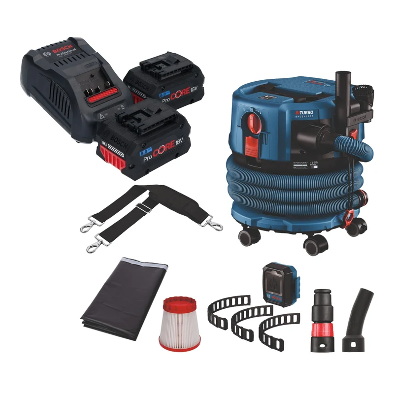 Bosch GAS 18V-12 MC Professional Aspirateur sans fil BITURBO Brushless + 2x batterie ProCore 8,0 Ah + chargeur rapide + accessoires