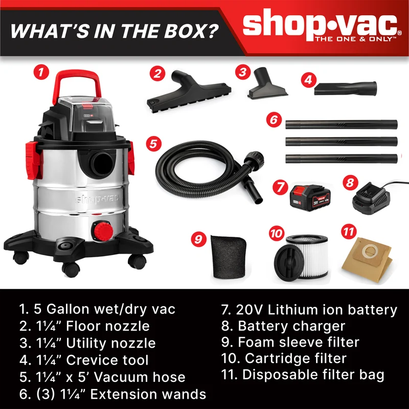 Shop-Vac® 5 Gallon 4.7 Peak HP Stainless Steel Cordless Wet/Dry Vacuum