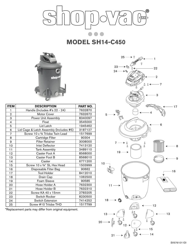 Shop-Vac Parts List for SH14-C450 Models (10-Gallon* 4.5 Peak HP** Wet/Dry Vacuum)