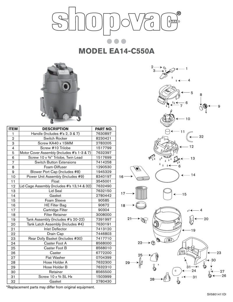 Shop-Vac Parts List for EA14-C550A Models (14 Gallon* 5.5 Peak HP** Wet/Dry Vacuum)