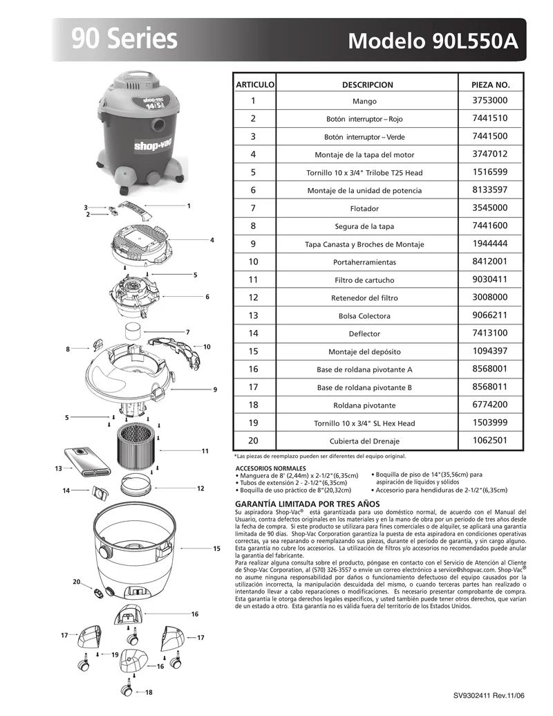 Shop-Vac Parts List for 90L550A Models (14 Gallon* Blue / Gray Vac)