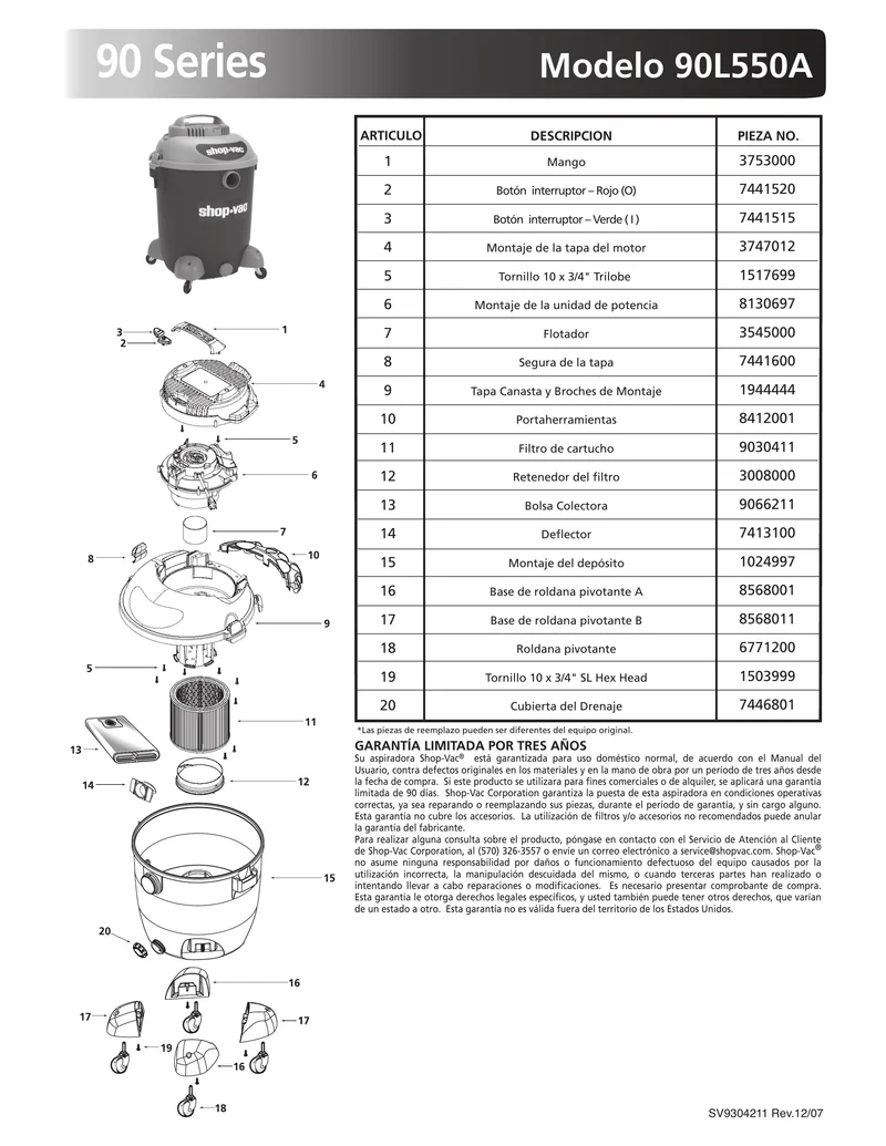 Shop-Vac Parts List for 90L550A Models (12 Gallon* Blue / Gray Vac)