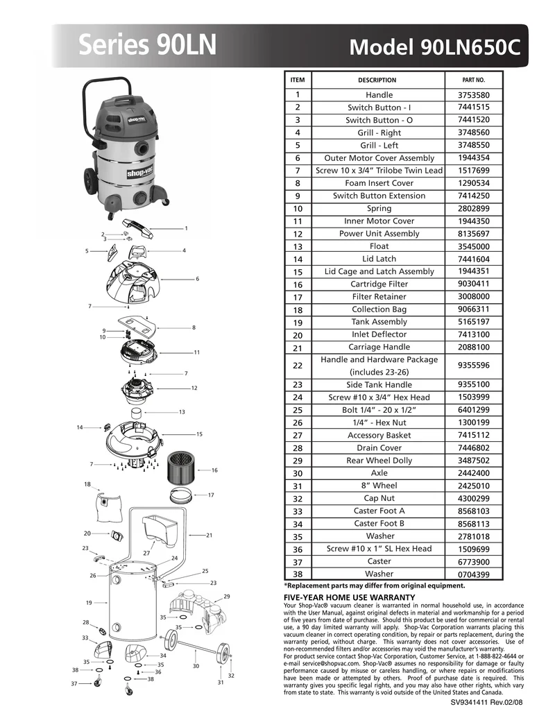 Shop-Vac Parts List for 90LN650C Models (16 Gallon* Gray / Stainless Steel Vac)