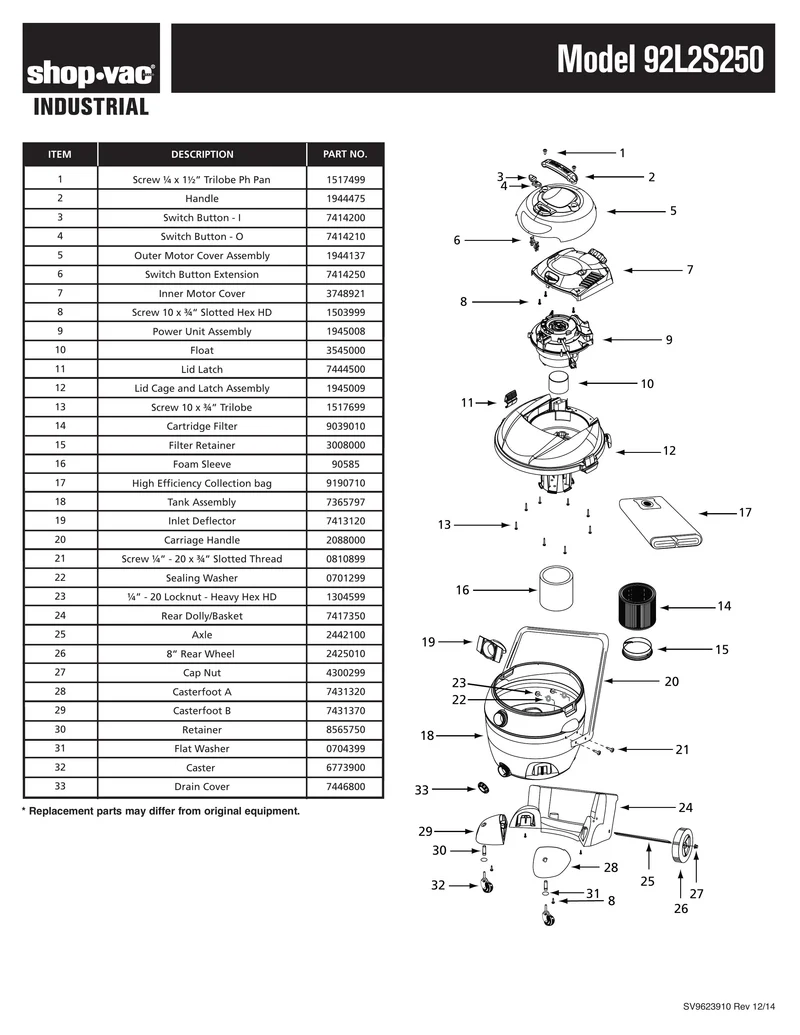 Shop-Vac Parts List for 92L2S250 Models (16 Gallon* Black / Yellow Industrial Vac)
